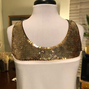 LaROK Ivory/White loose tunic top- gold sequined yoke & back. "Thick" not flimsy